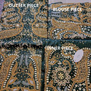 Hunter Green & Taffeta George Wrapper with Gold Rhinestone 3 Piece, 6 Yards